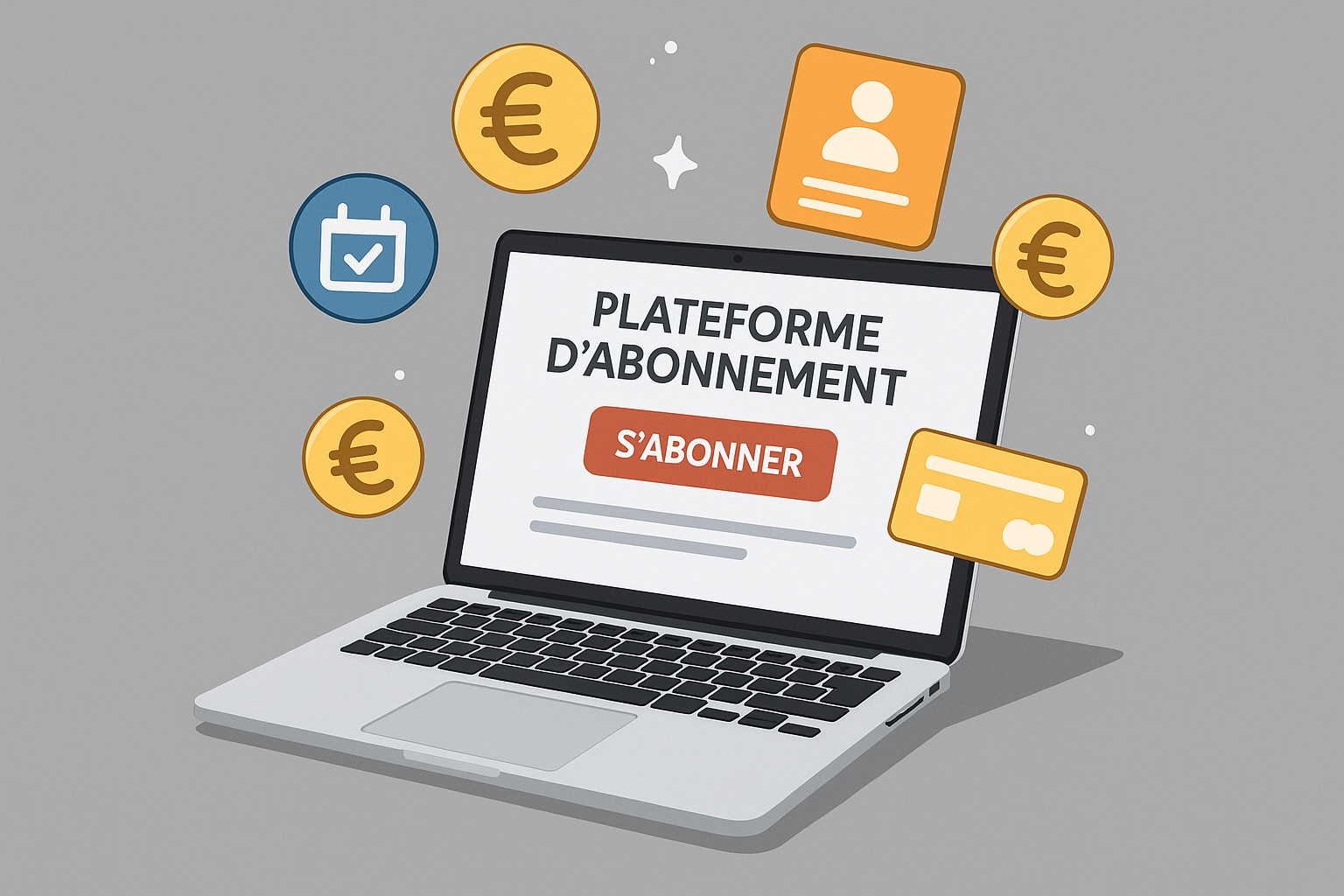 un ordinateur portable sur un fond uni gris avec une ombre pose avec sur son cran Une plateforme dabonnement oprationnelle et plein dicones euros abonnements paiements qui volent par dessus lodinateur-1 un ordinateur portable sur un fond uni gris avec une ombre pose avec sur son cran Une plateforme dabonnement oprationnelle et plein dicones euros abonnements paiements qui volent par dessus lodinateur-1