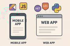 une illustration montrant une app mobile vs une app web avec des icones de langages de programmation sortant de liun et lautre sans oublier NET-1